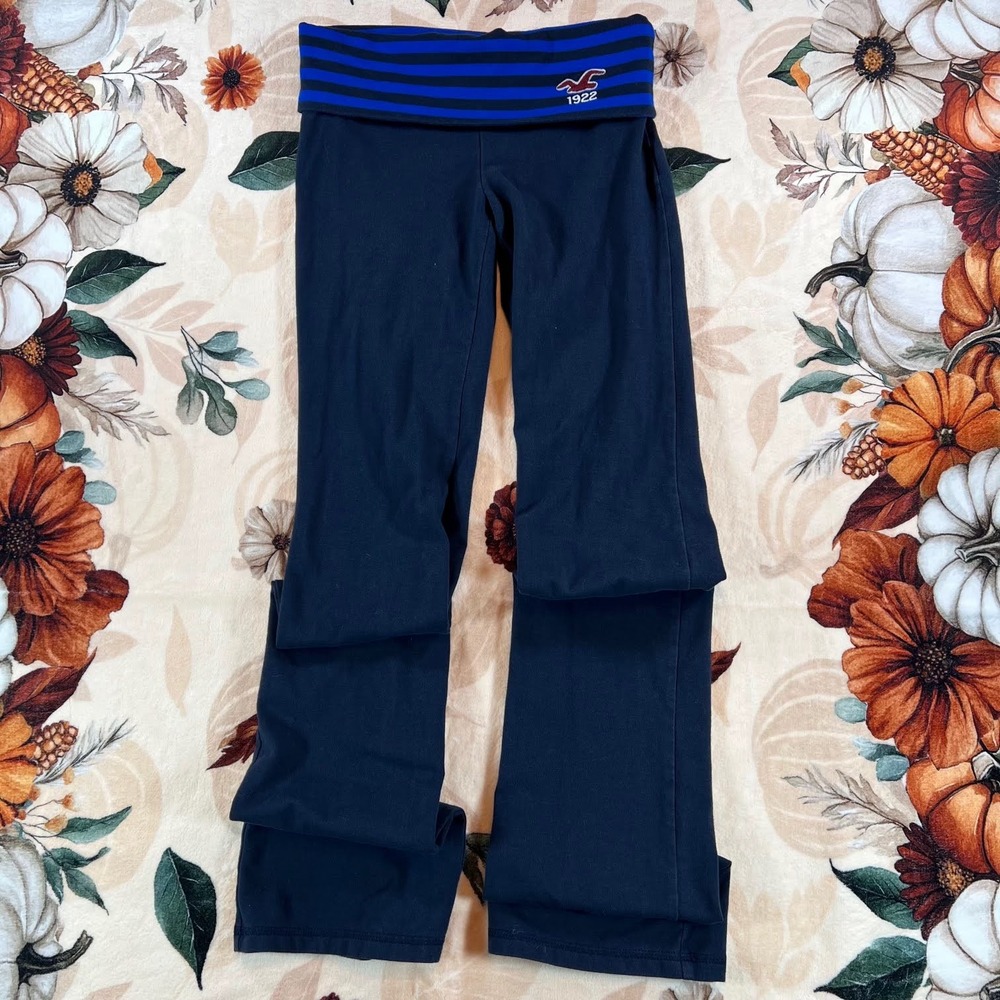 Vintage Y2K Hollister Yoga Pants Womens Fold Over Waist Striped Navy Blue XS
